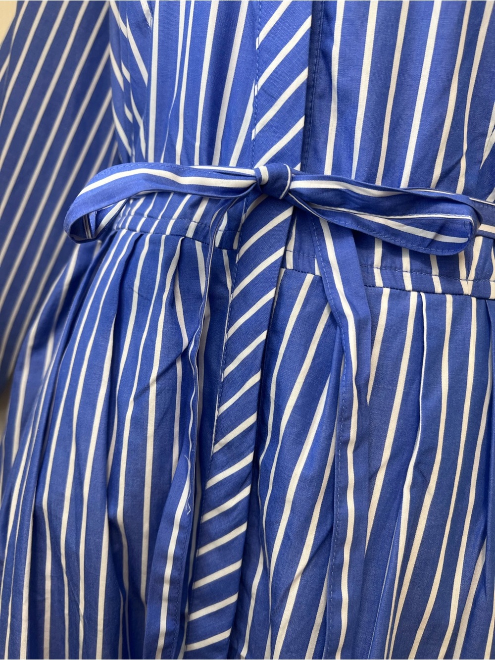 Striped Blue and White Long-Sleeve Maxi Dress with Self Tie - Picture 5 of 11